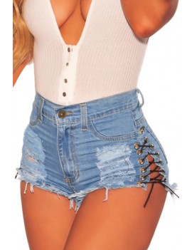 Blue Denim Ripped Lace Up Sides High Waist Shorts