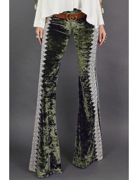 Green Crochet Lace Velvet Flare Pants