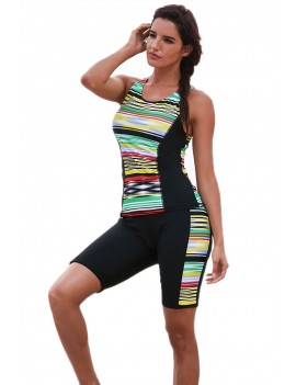 Multicolor Striped Pattern Sleeveless Rashguard Swimsuit