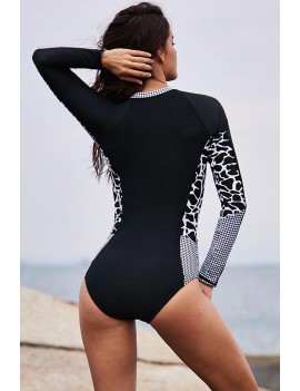 Mottled Splice Long Sleeve Zip Front One Piece Swimsuit