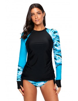Contrast Dark Blue Detail Long Sleeve Tankini Swimsuit