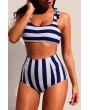 Navy Striped Tie Shoulder 2pcs High Waist Swimsuit