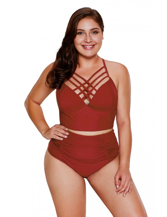 Red Strappy Neck Detail High Waist Swimsuit