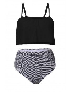 Black Top and Striped Bottom High Waist Swimwear