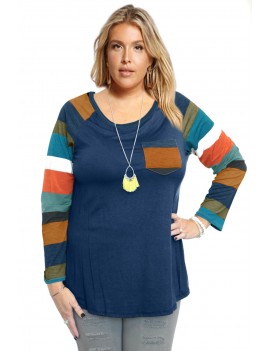 Autumn Chill Top With Front Pocket And Striped Contrast Sleeves In Blue