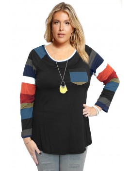 Autumn Chill Top With Front Pocket And Striped Contrast Sleeves In Black
