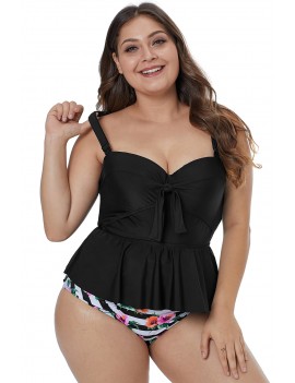 Black Plus Size Ruffled Tankini with Floral Panty