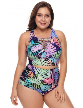 Plus Size Tropical Print Neck Detail Two Piece Swimwear