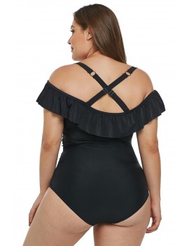 Black Ruched Ruffle Plus Size One Piece Swimsuit