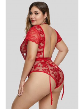 Red Plus Size Short Sleeve Floral Lace Teddy with Garter