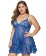 Blue Plus Size Lace Mesh Babydoll with Thong