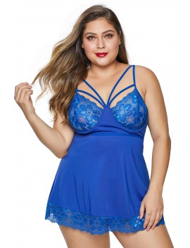 Blue Strappy Lace Insert Plus Size Babydoll Lingerie