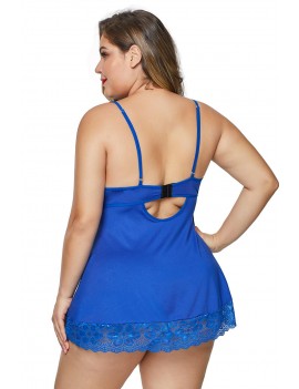 Blue Strappy Lace Insert Plus Size Babydoll Lingerie