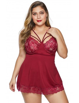 Red Strappy Lace Insert Plus Size Babydoll Lingerie