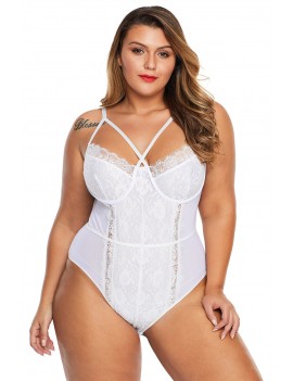 White Cross Front Lace Detail Plus Size Teddy