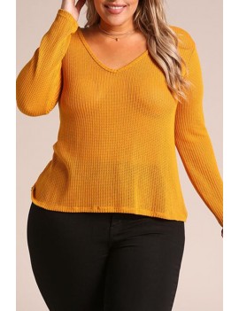 Lovely Casual V Neck Yellow Plus Size Sweater