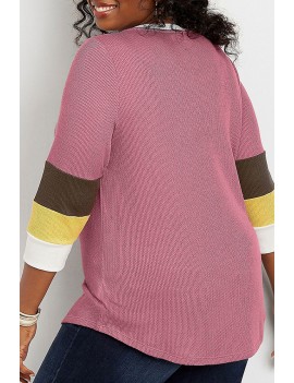 Lovely Casual V Neck Patchwork Pink Plus Size T-shirt