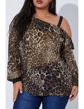 Lovely Casual Dew Shoulder Leopard Printed Plus Size Blouse