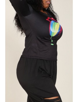Lovely Casual Lip Printed Black Plus Size T-shirt