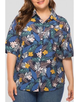 Lovely Leisure Floral Printed Blue Plus Size Blouse