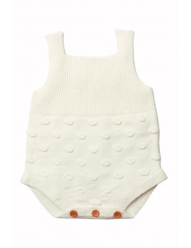 White Ribbed And Spotted Cotton Knit Sleeveless Baby Romper