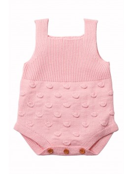 Pink Ribbed And Spotted Cotton Knit Sleeveless Baby Romper