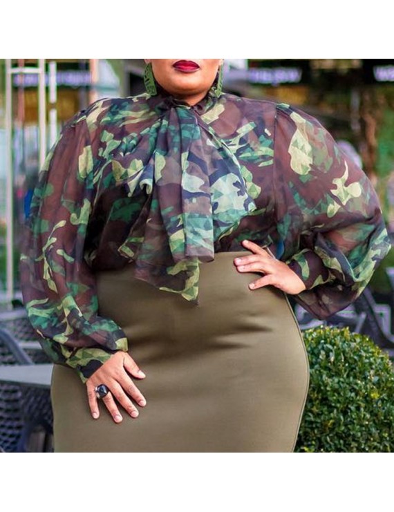 Lovely Casual Camo Print Army Green Plus Size Blouse
