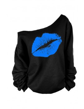 Lovely Casual Lip Printed Blue Plus Size Sweatshirt Hoodie
