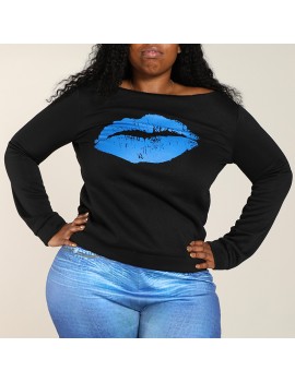 Lovely Casual Lip Printed Blue Plus Size Sweatshirt Hoodie
