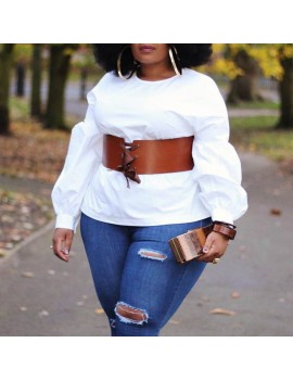 Lovely Casual O Neck White Blouse(Without Belt)