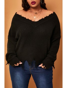 Lovely Casual V Neck Tassel Design Black Plus Size Sweater