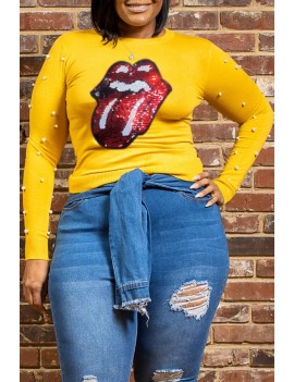 Lovely Casual Lip Print Yellow  Plus Size T-shirt