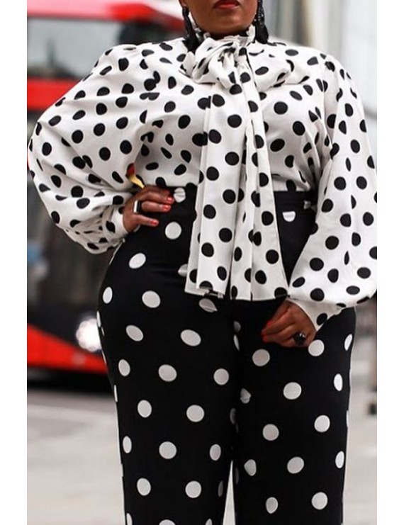 Lovely Trendy Dot Printed Black Plus Size Blouse