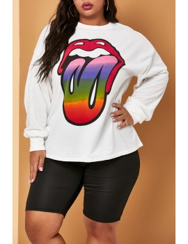 Lovely Casual Lip Printed White Plus Size Hoodie