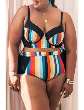 Lovely Bohemian Striped Multicolor Plus Size Two-piece Swimwear