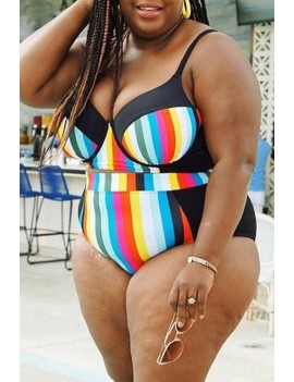 Lovely Bohemian Striped Multicolor Plus Size Two-piece Swimwear