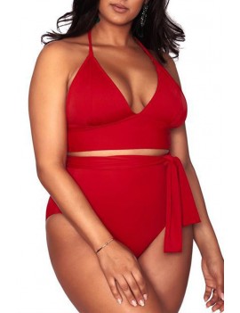 Lovely V Neck Red Plus Size Two-piece Swimwear