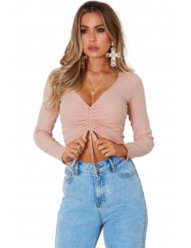 Pink Cinched Lace Up Long Sleeve Crop Top