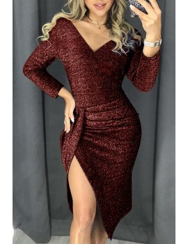 Red Glitter Ruched Thigh Slit Party Metallic Dress