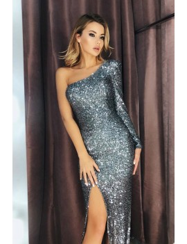 Silver Fortune One Shoulder Front Slit Sequin Gown