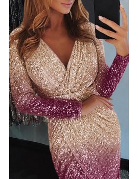 Apricot Ombre Sequin Wrapped Ruched Irregular Dress