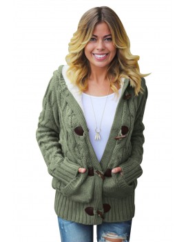 Army Green Fur Hood Horn Button Sweater Cardigan