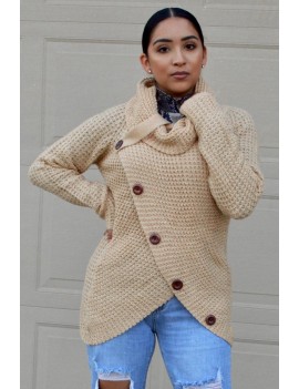 Beige Buttoned Wrap Turtleneck Sweater