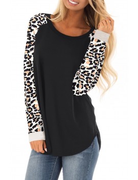 Black Leopard Print Long Sleeve Pullover Top