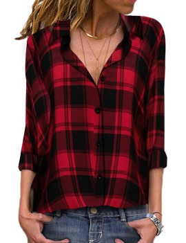 Red V Neck Roll up Sleeve Button Down Plaid Pattern Shirt